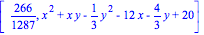 [266/1287, x^2+x*y-1/3*y^2-12*x-4/3*y+20]